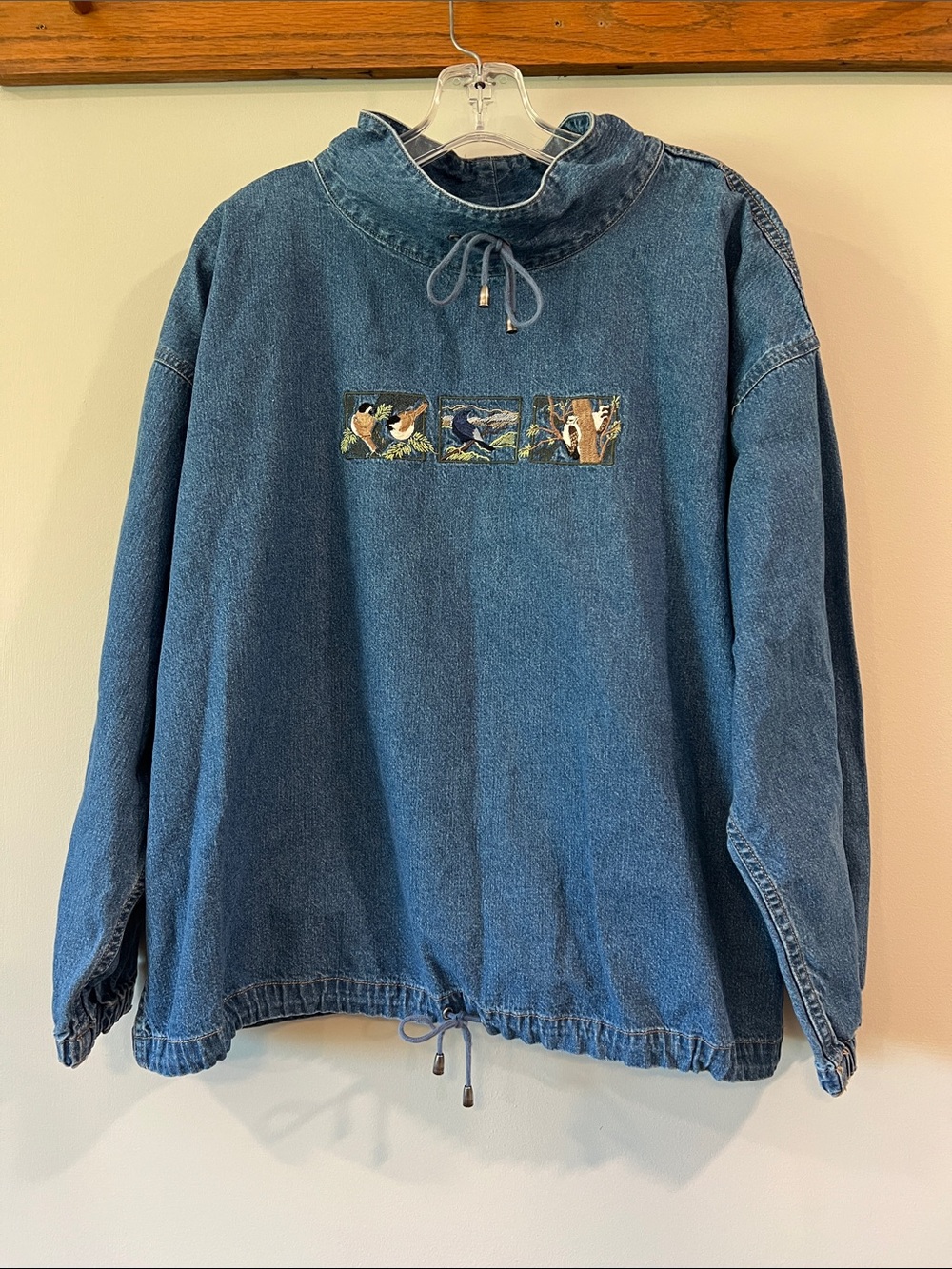 CJ Banks Light Blue Denim Pullover Embroidered Jacket, birds, xl